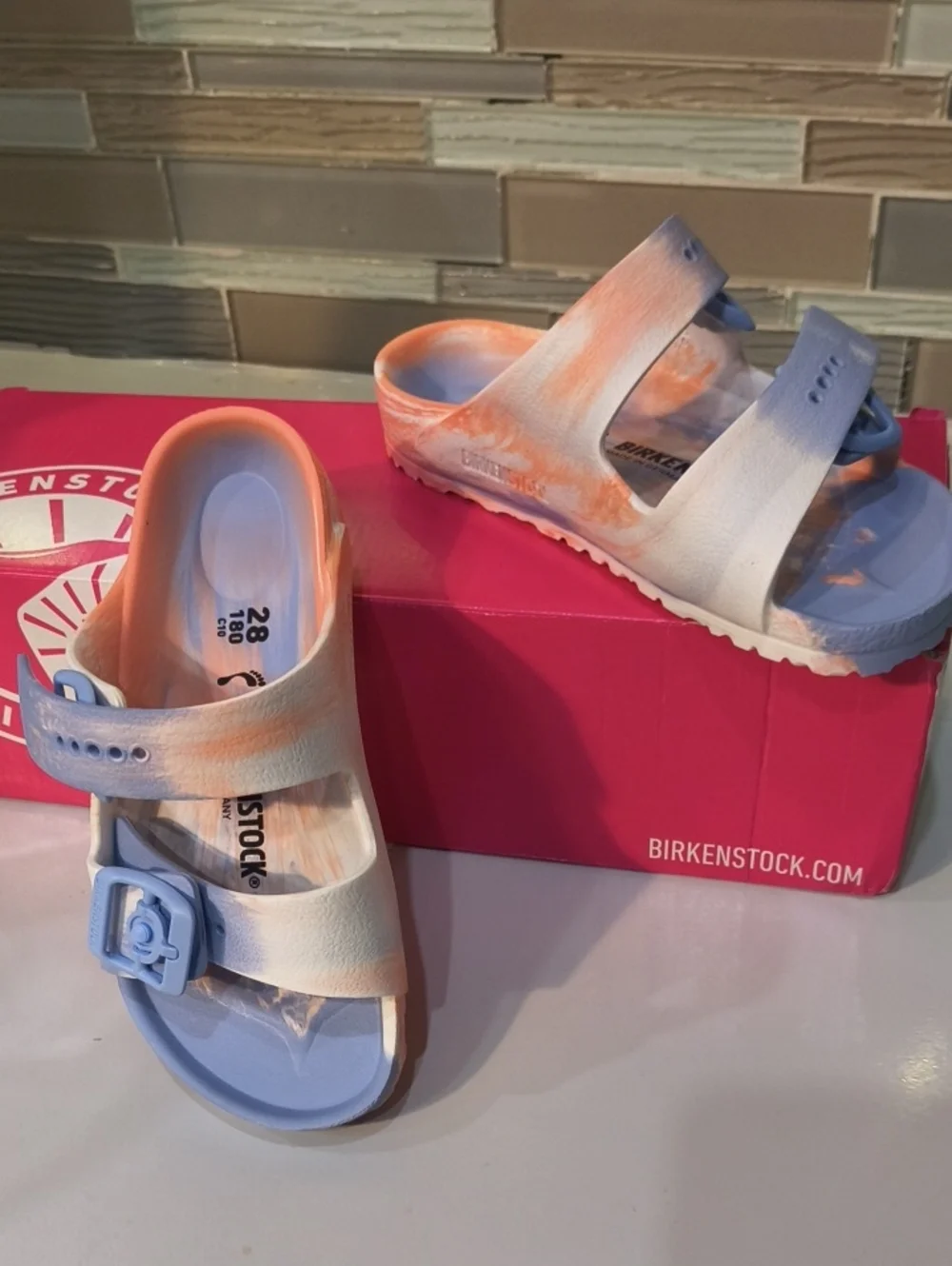 Birkenstock Kids Two-Strap Slides in Light Blue and Peach Tie-Dye